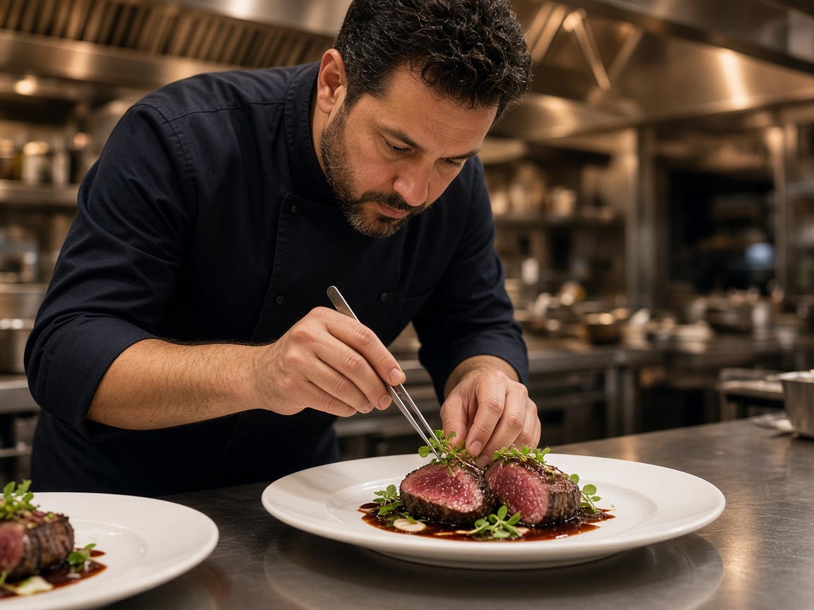 Hotel kitchen plating commercial meat for hospitality