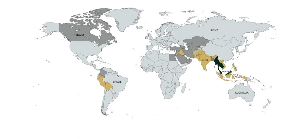World map of Crestline Exports export markets including India, GCC, Malaysia and beyond